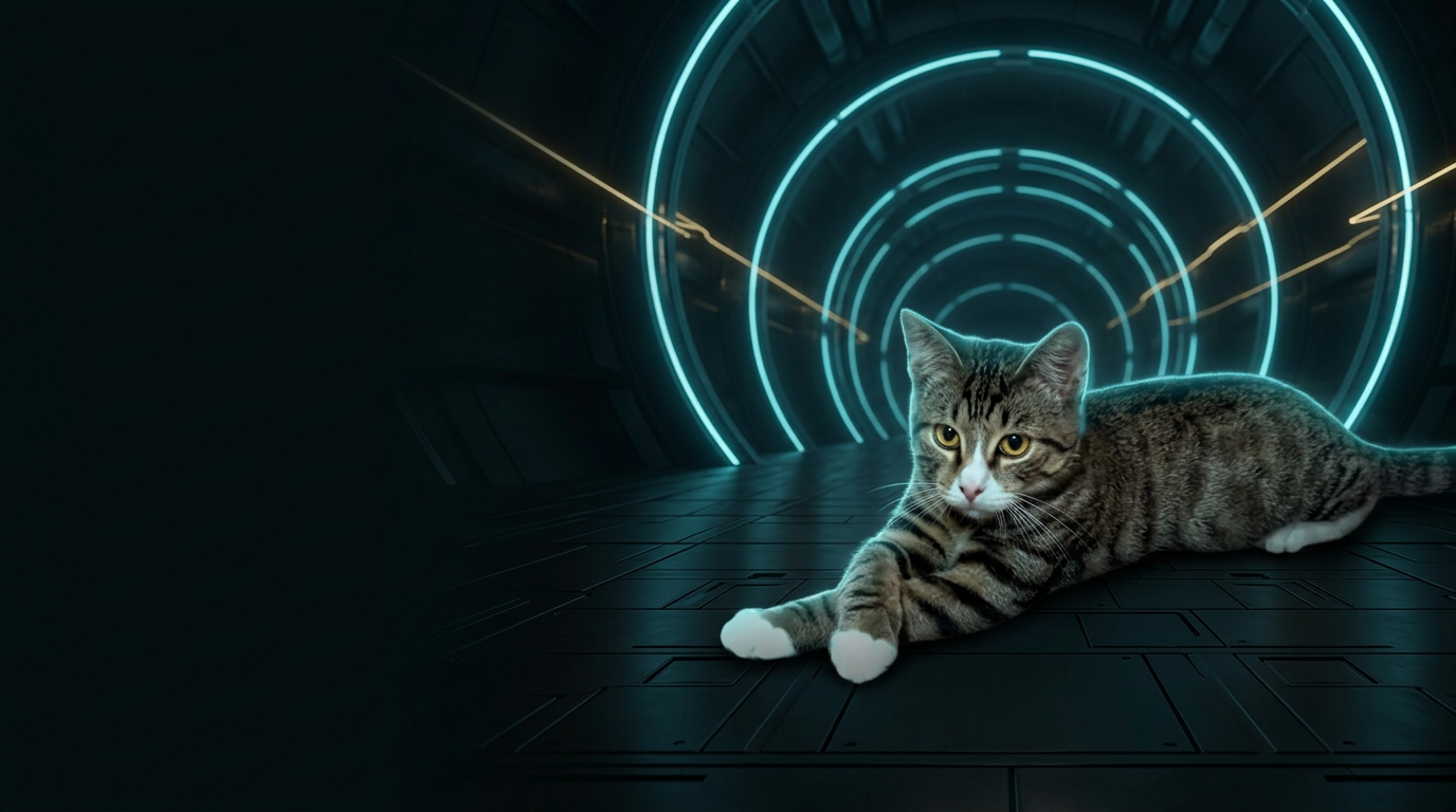 Auggie with white quantum socks inside a glowing cyan particle collider